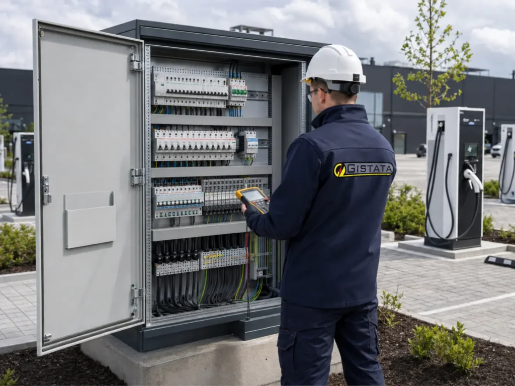 Gistata elektrikas tikrina elektros skydą elektromobilių įkrovimo aikštelėje
